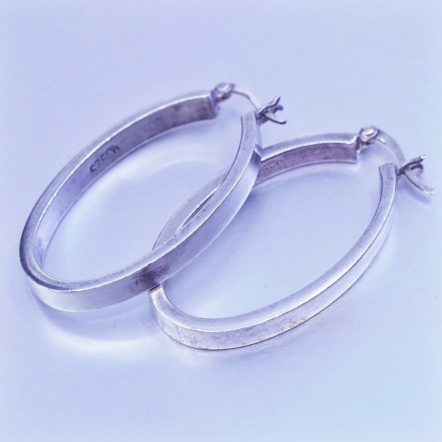 1.5”, vintage MJ Sterling silver handmade earrings, 925 simple oval hoops