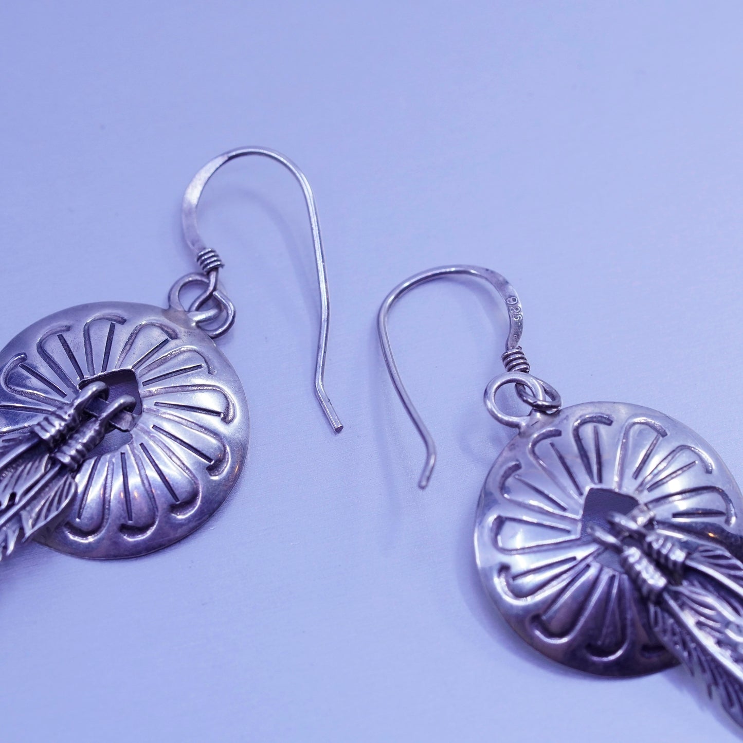 vintage Sterling silver handmade earrings, 925 textured disc feather dangles