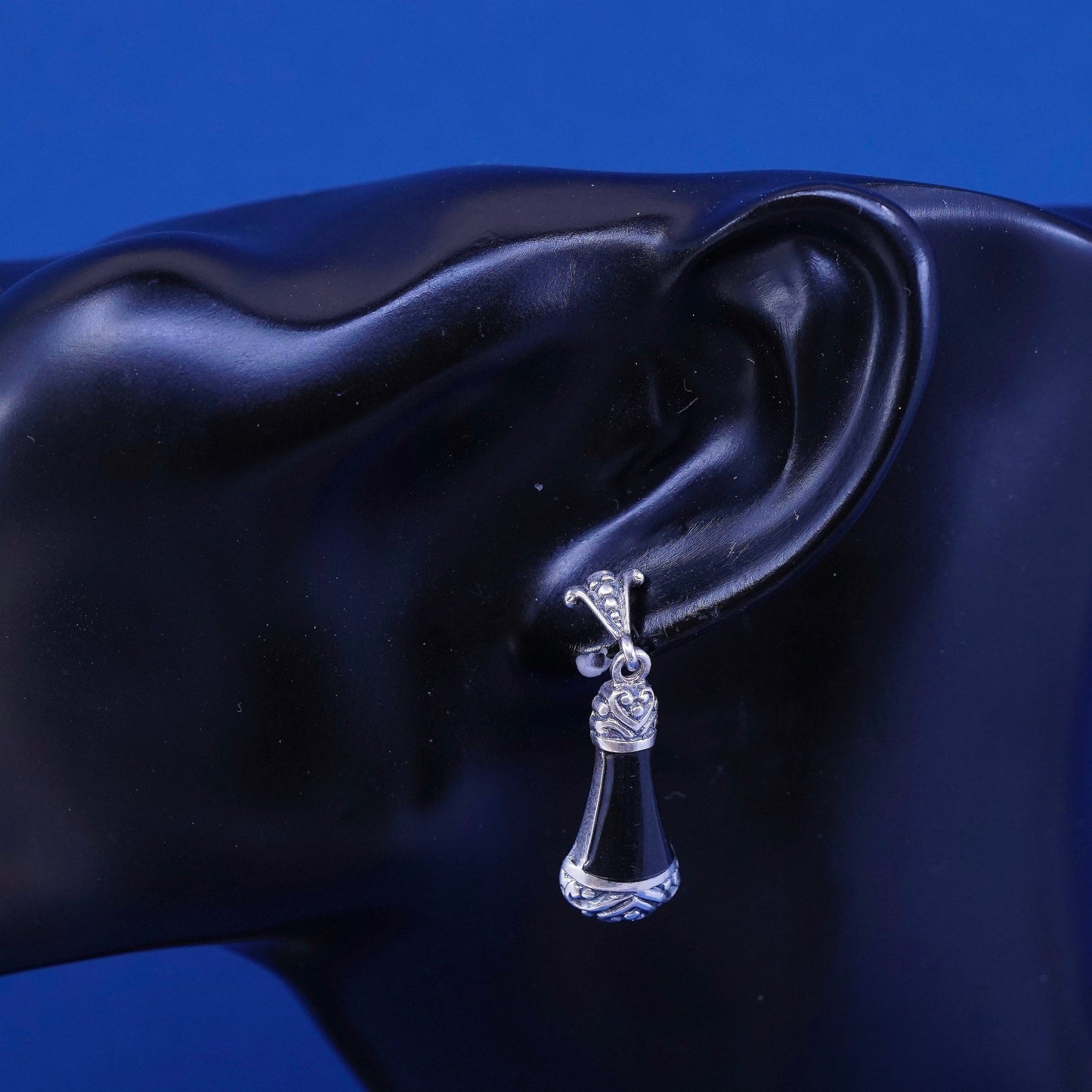 vtg )sterling silver handmade earrings, 925 w/ teardrop obsidian N Filigree