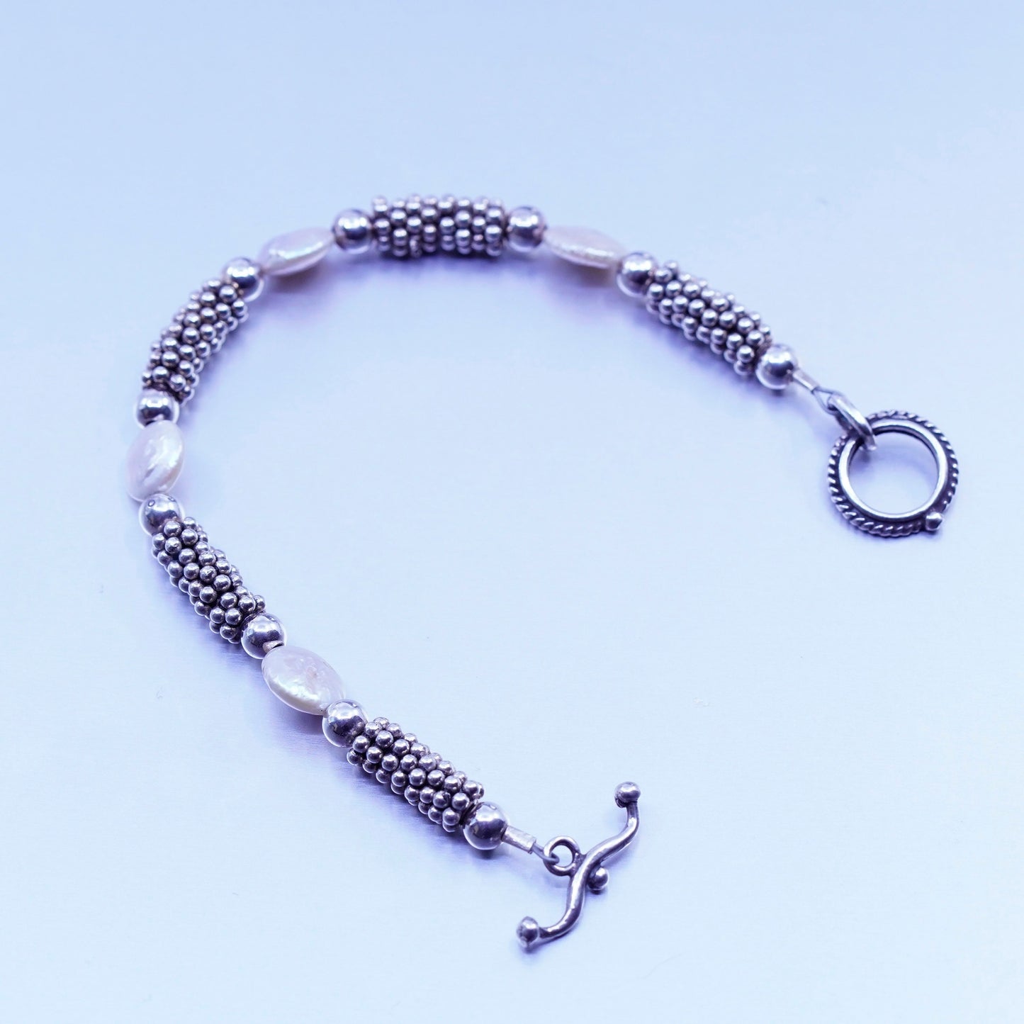 6.5”, vintage Sterling 925 silver bracelet with freshwater coin pearl