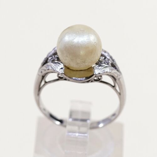 Sz 6.25, Vtg Sterling Silver Handmade Ring w/ Golden Faux Pearl, Stamped 925