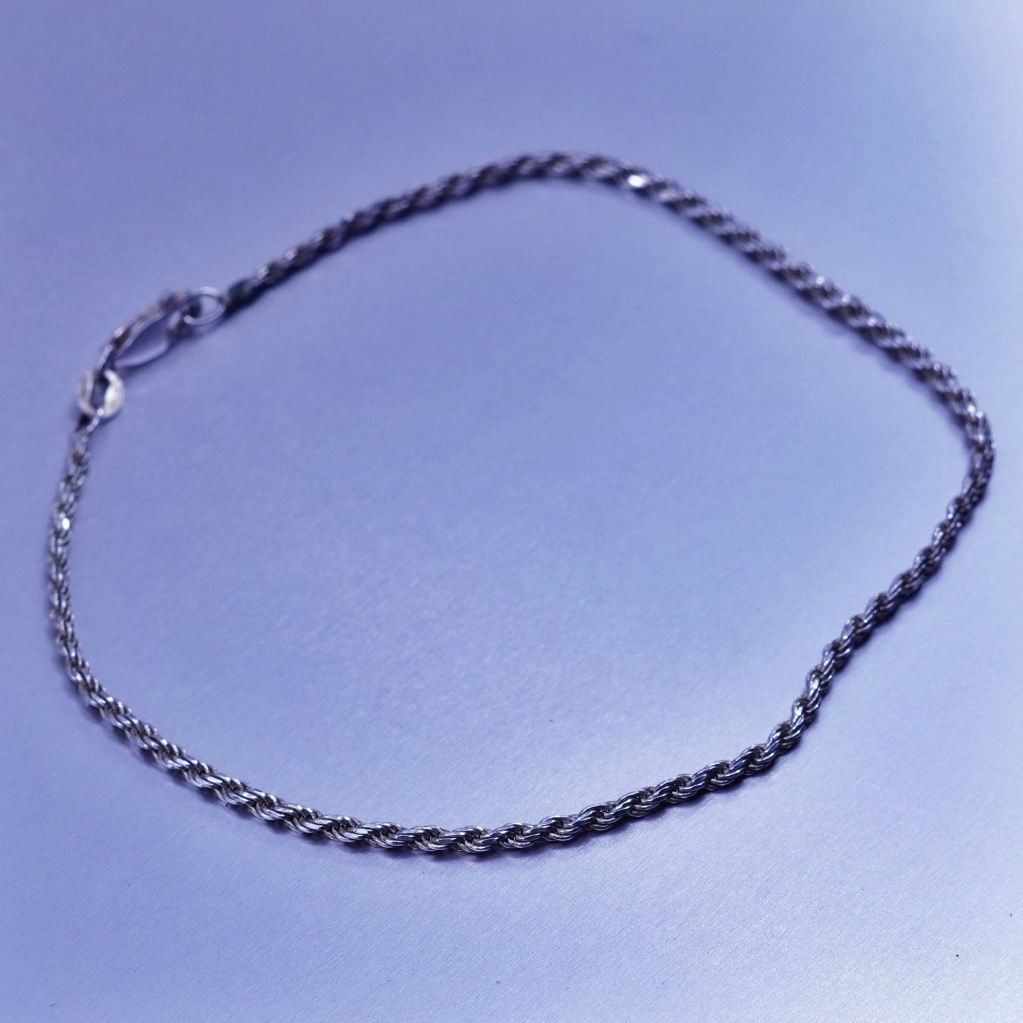 9.25”, Vintage Italy Sterling 925 silver handmade bracelet anklet, rope chain