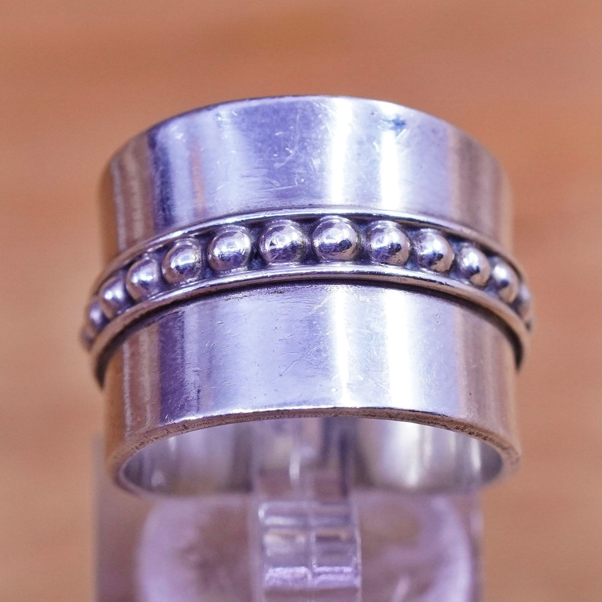 size 7, vintage Sterling silver handmade ring, 925 wide band with bead around