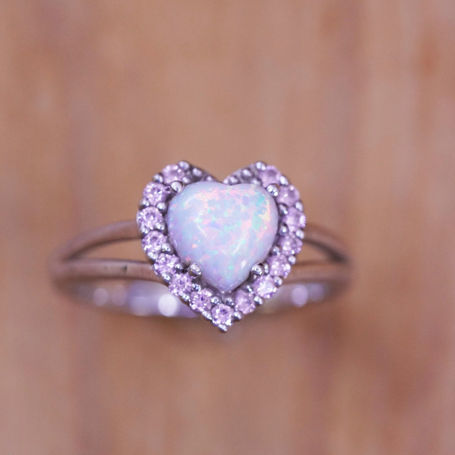 Size 7, vintage Sterling 925 silver handmade ring with heart opal and pink cz