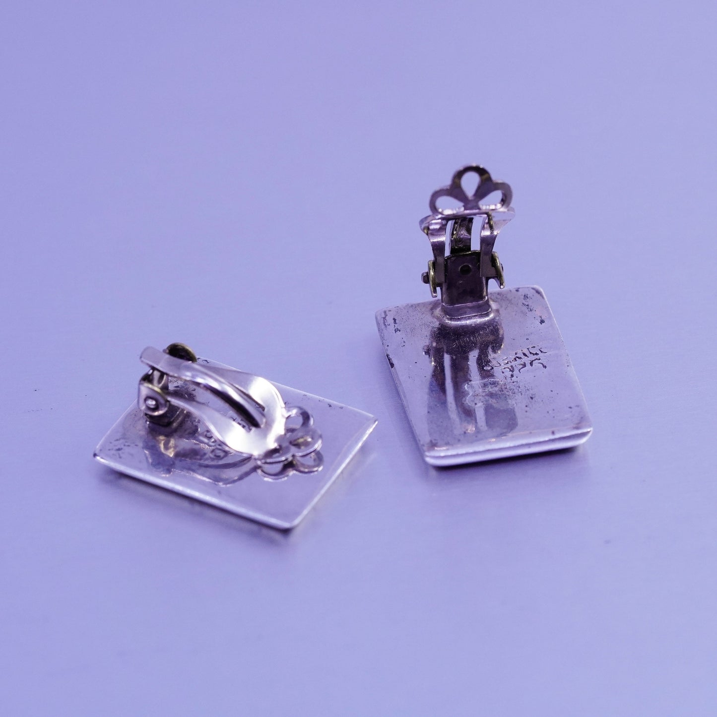 Sterling 925 silver handmade earrings, rectangular clip on red and black enamel