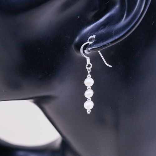 Vtg STERLING SILVER earrings with Freshwater Pearl, Stamped 925 On Hooks