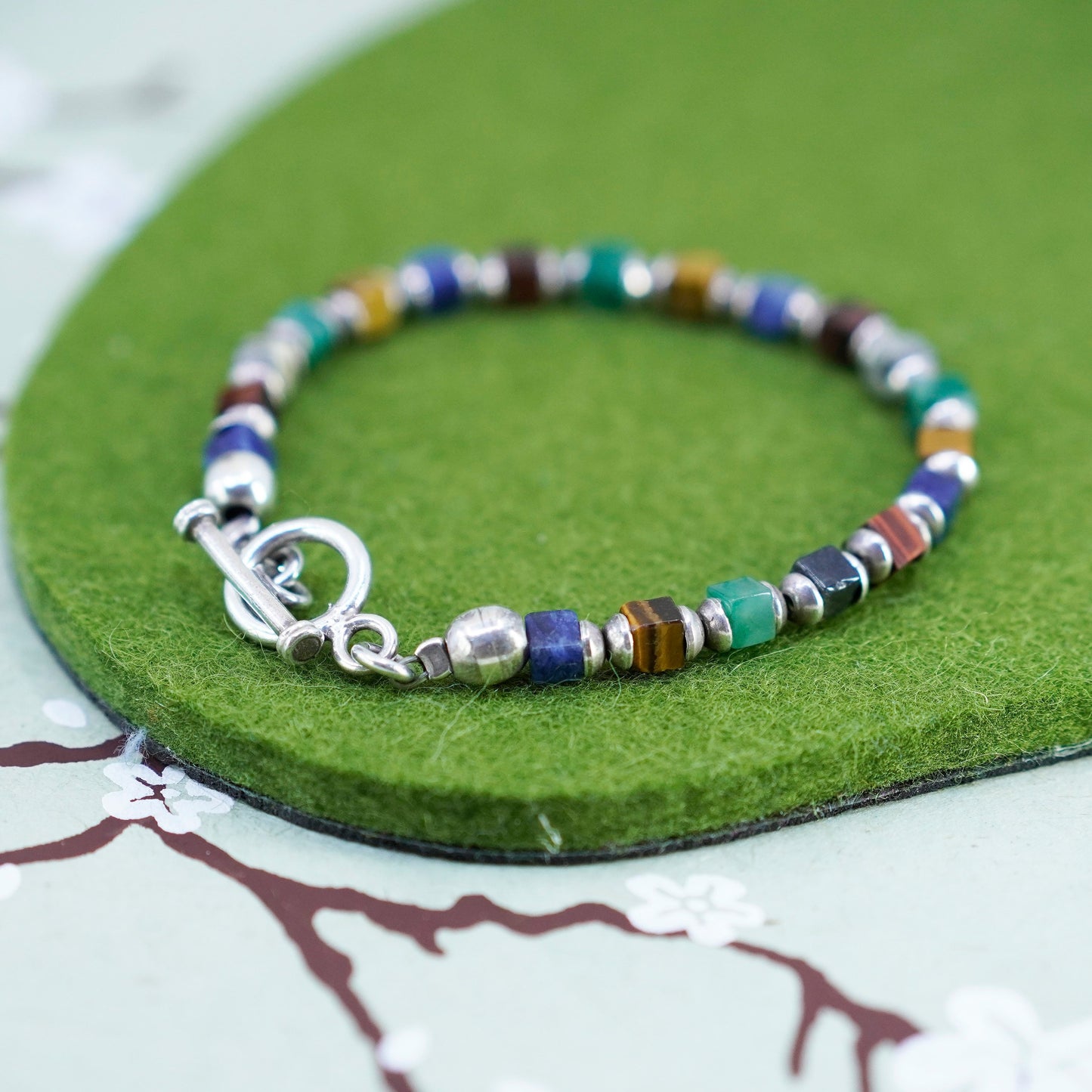 7”, sterling 925 silver bracelet, colorful tiger eye jade sodalite onyx beads