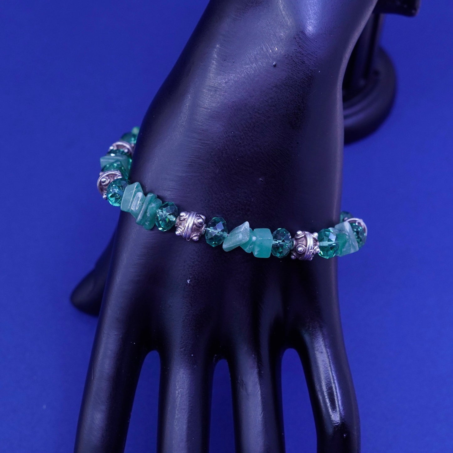 7.5”, vintage Sterling silver handmade bracelet, 925 beads with jade nuggets