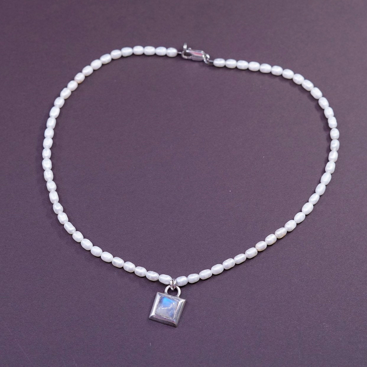 14", Sterling silver handmade necklace, 925 pendant w/ moonstone N pearl bead