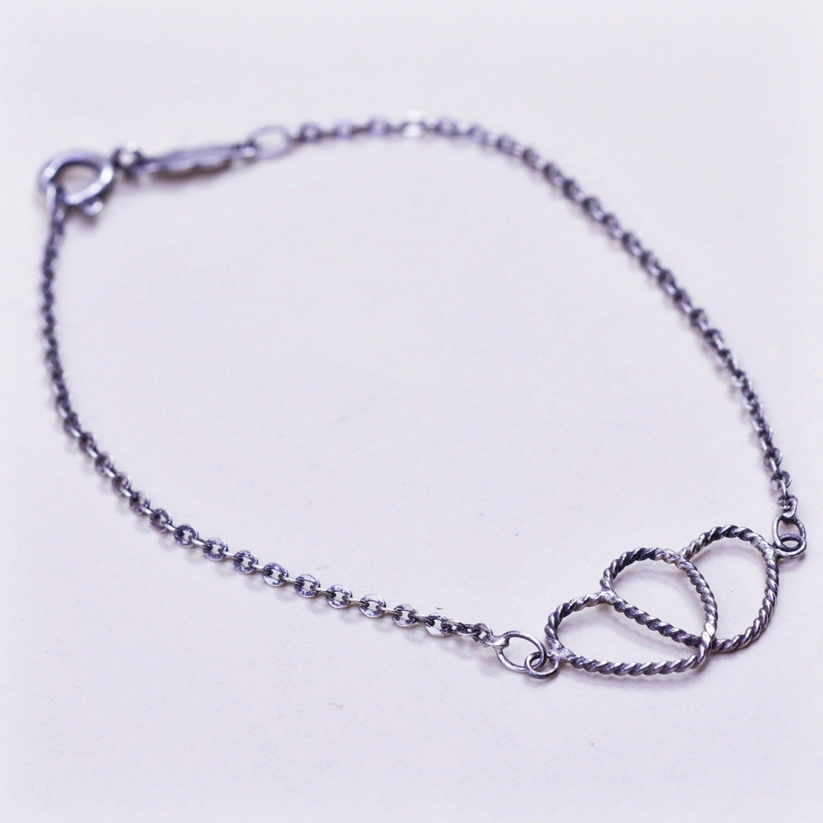 6.75”, sterling silver bracelet, 925 flatten circle chain anklet heart charm