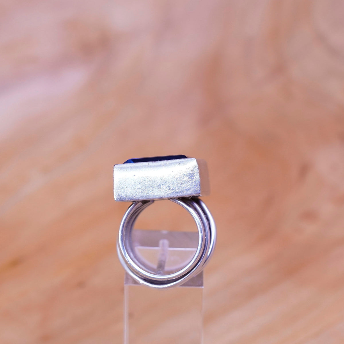 sz 5.5, vintage handmade statement ring, Sterling Silver square blue glass Ring