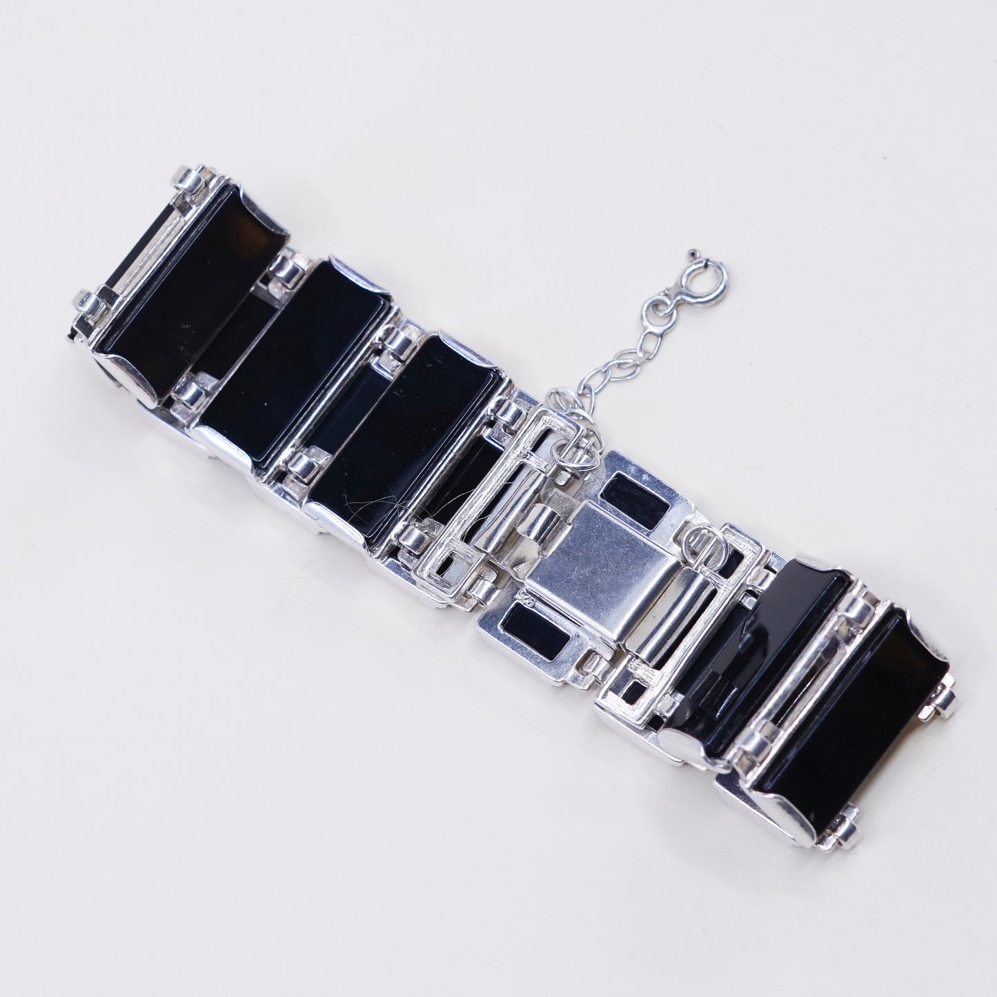 7.5”, Vintage Sterling silver handmade bracelet, Mexico 925 w/ square obsidian