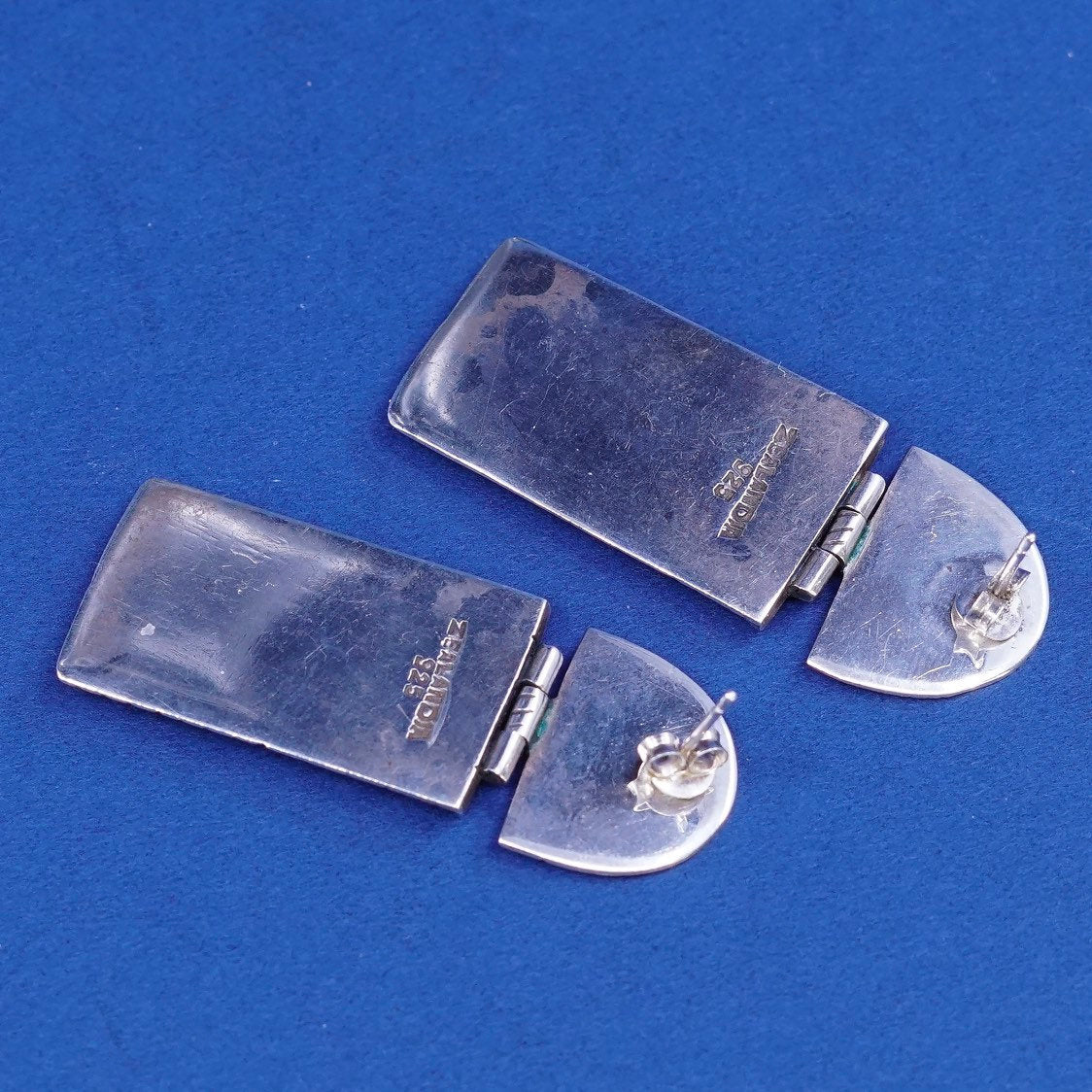 vtg 1990s Earrings Sterling Silver Zealandia, 925 rectangular dangles w/ swirl