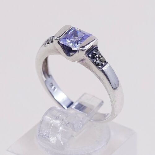 Sz 7, Vtg Sterling Silver Handmade Ring, 925 w/ Amethyst n marcasite inlay