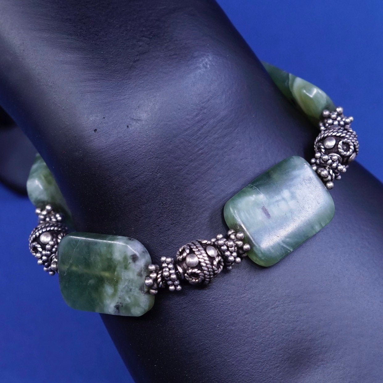 7", vtg Sterling silver handmade bracelet, 925 bar w/ jade