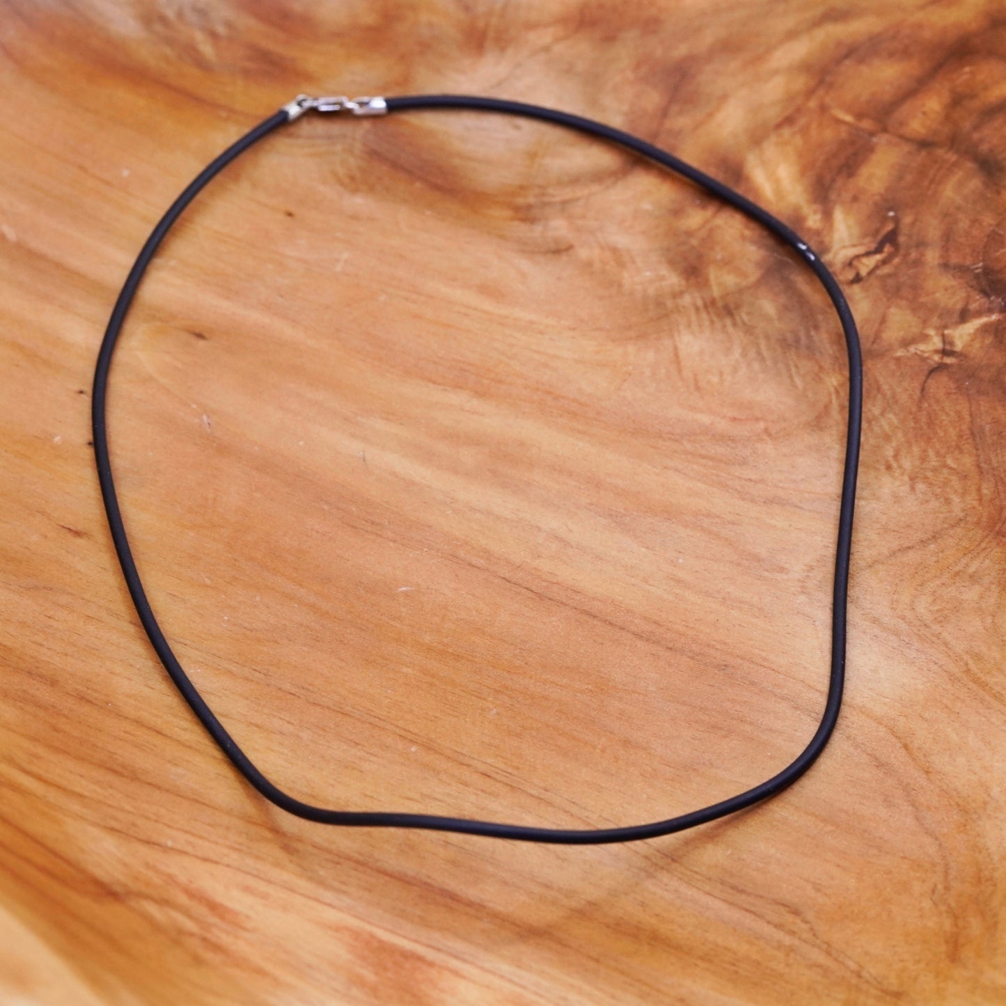 18”, vtg handmade necklace, black rubber thread choker sterling silver clasp