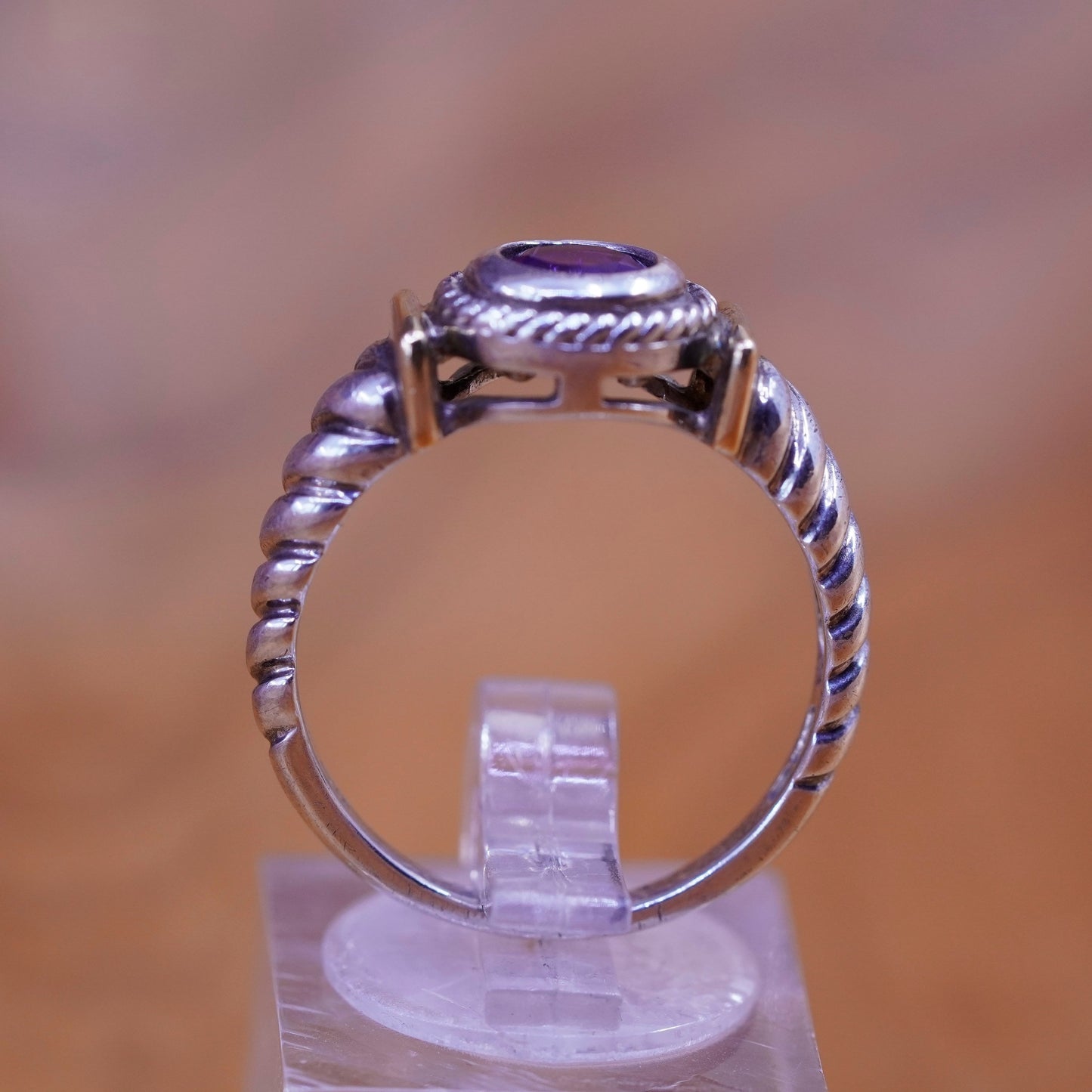 Size 8.25, 14K yellow gold with Sterling silver ring, 925 band with amethyst