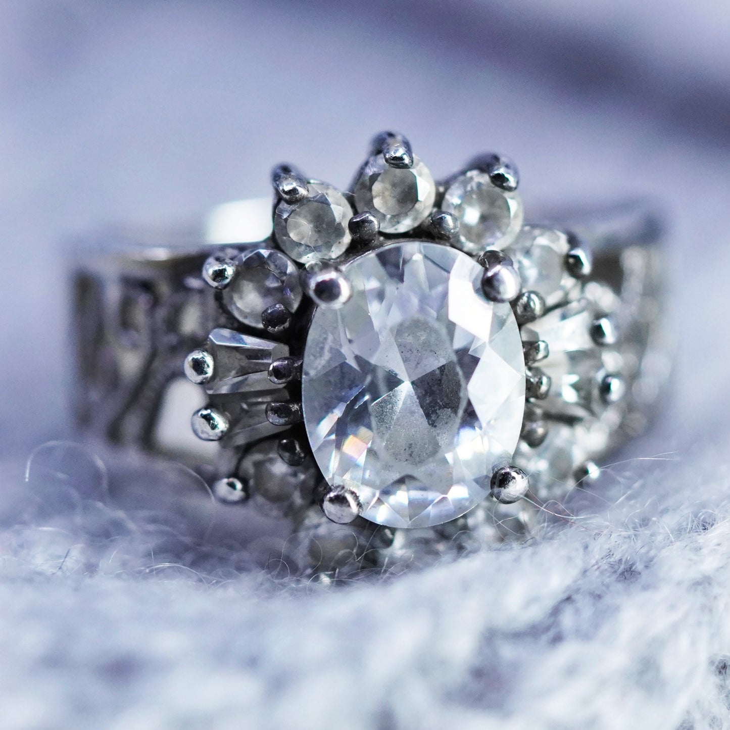 Size 6, vintage Sterling 925 silver handmade engagement ring with cluster Cz
