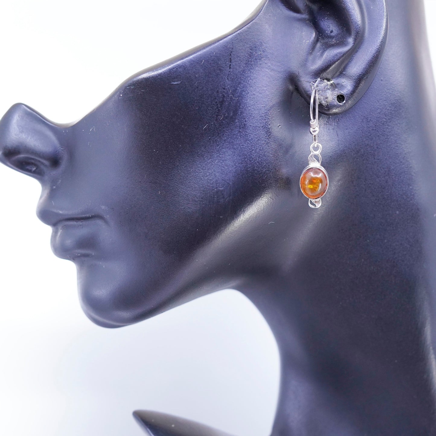 Vintage Sterling 925 silver handmade earrings with oval Amber