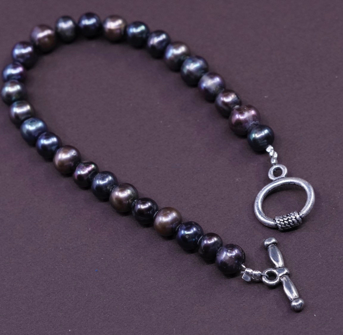 7.25" handmade Tahitian pearl beads bracelet, sterling 925 silver toggle