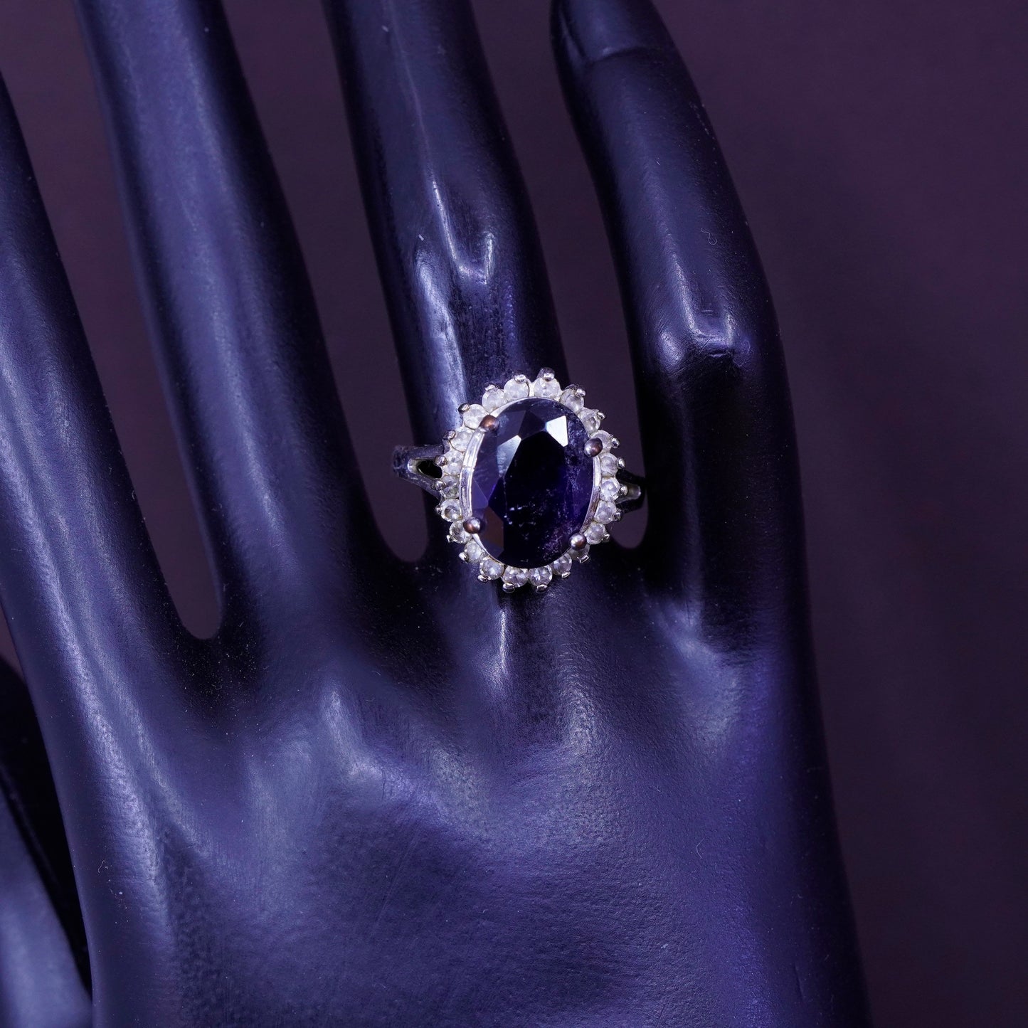 Size 7, vintage Sterling silver handmade ring, 925 with crystal and sapphire