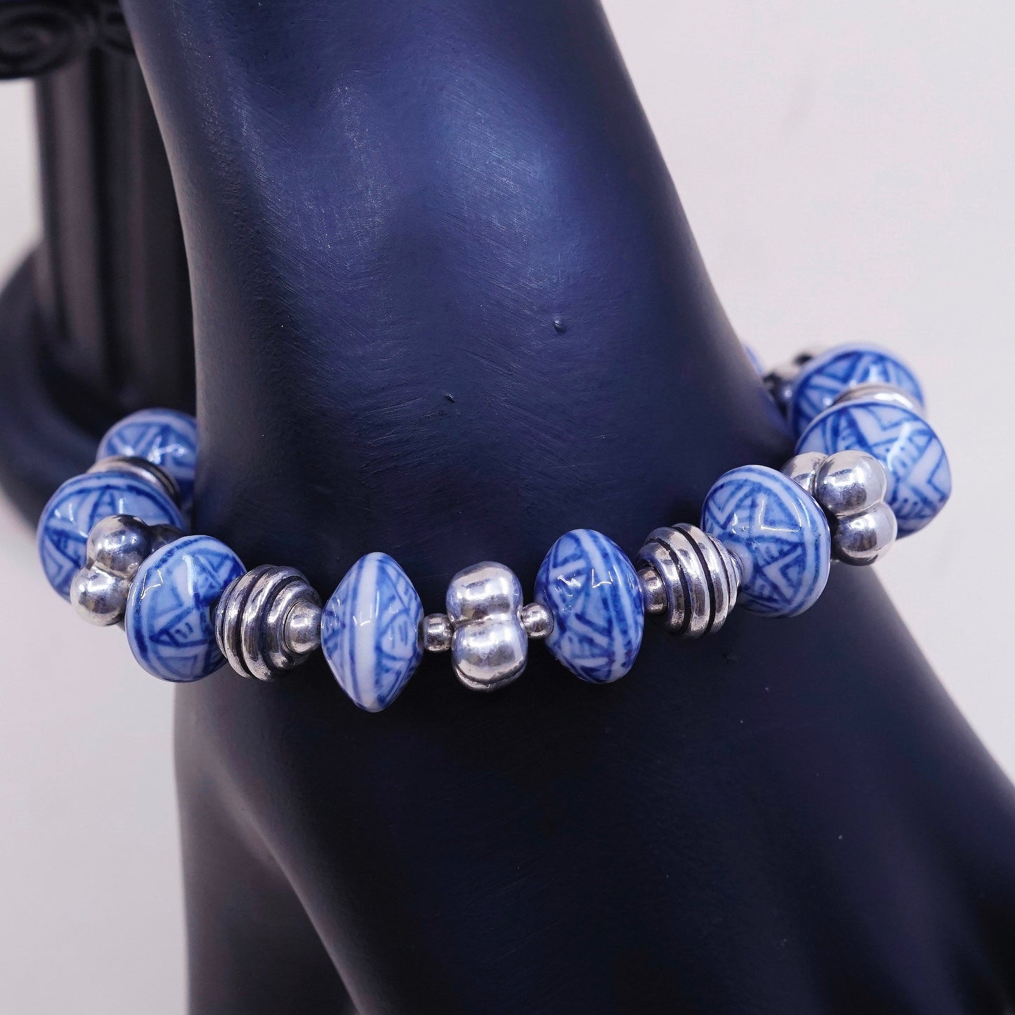 6.25”, VTG handmade bracelet glazed ceramic beads w/ 925 beads N toggle closure