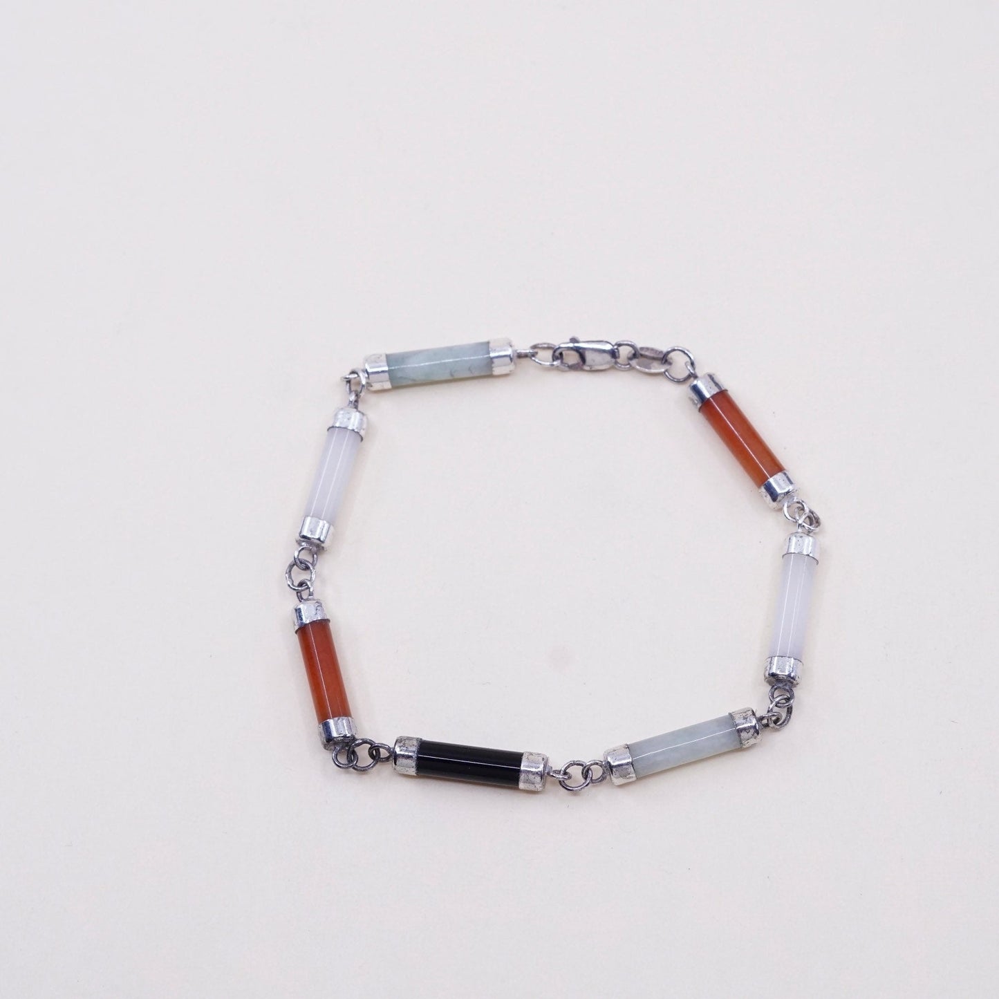 7”, vtg sterling 925 silver handmade bracelet w/ jade, carnelian, obsidian bar