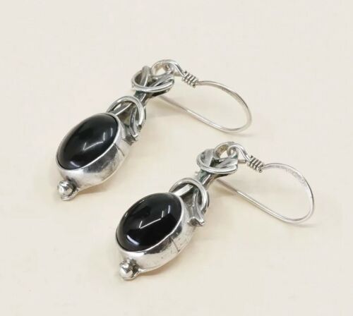 Vintage Sterling Silver Handmade Earrings, 925 Silver Dangles W/ Obsidian Inlay
