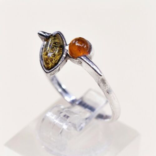 Sz 7.25, Orangle Amber Cabochon Sterling Silver Solitaire Ring, Stamped 925
