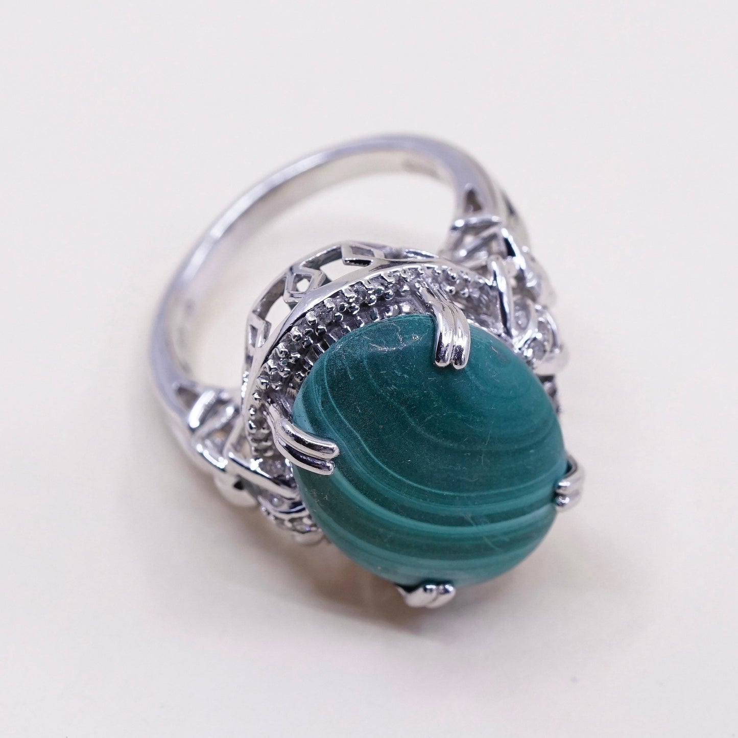 Size 9.25, sterling 925 silver handmade ring with malachite and cluster diamond