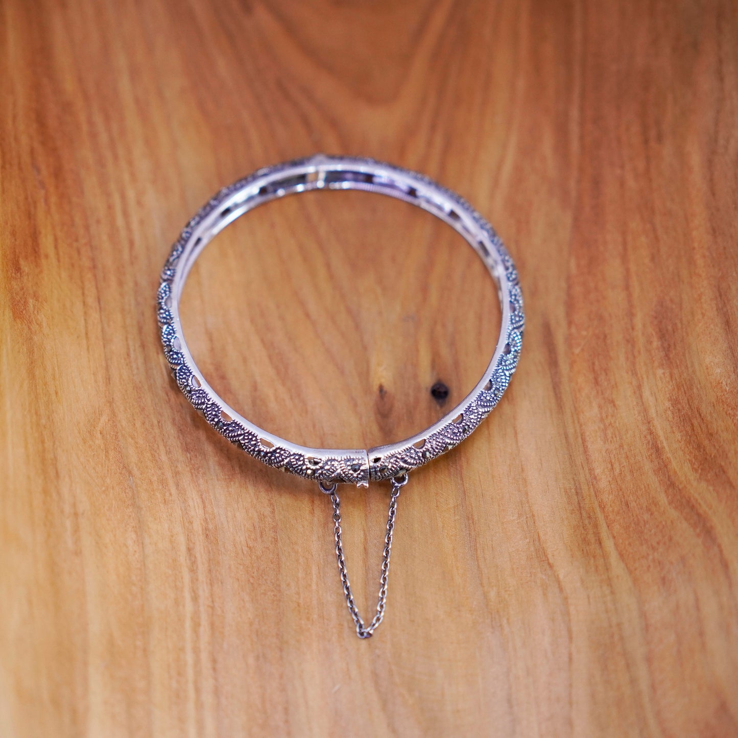 7”, antique sterling silver handmade bracelet, 925 hinged bangle with Marcasite