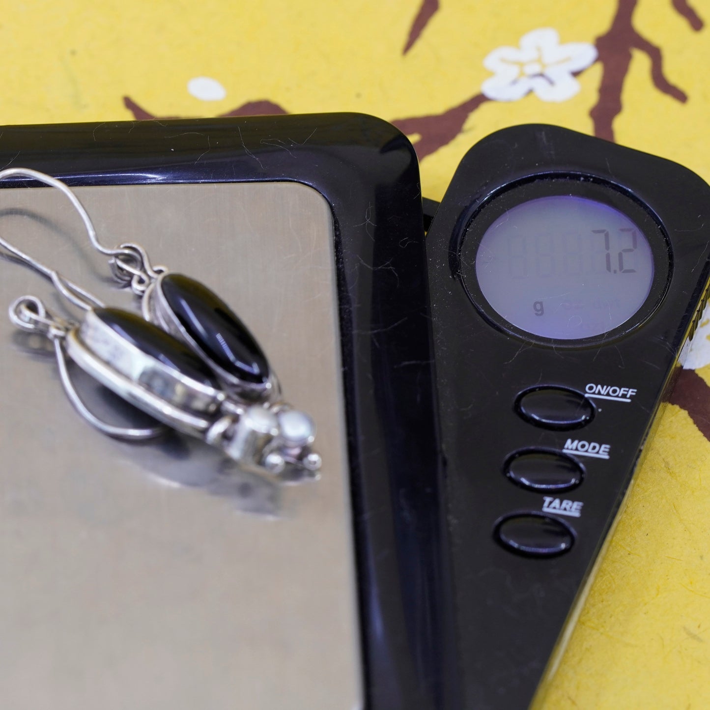 Vintage Sterling 925 silver handmade earrings with long onyx and pearl