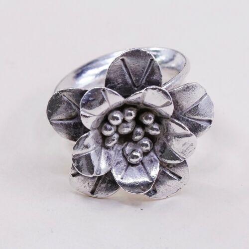 Sz 6.5, Vtg Statement Cocktail Handmade Sterling Silver Flower Ring, Stamped 925