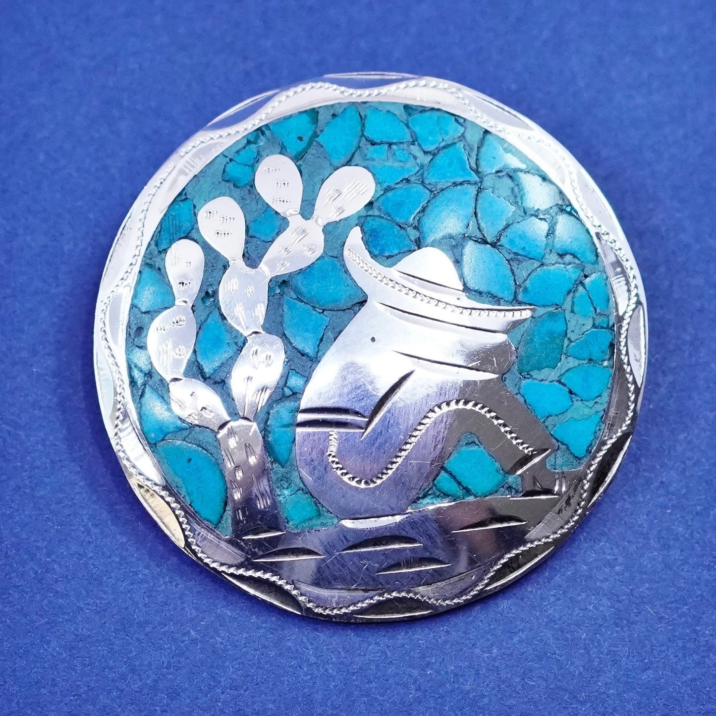 vtg Mexico Taxco Sterling 925 Silver turquoise Brooch pendant sad man Cactus
