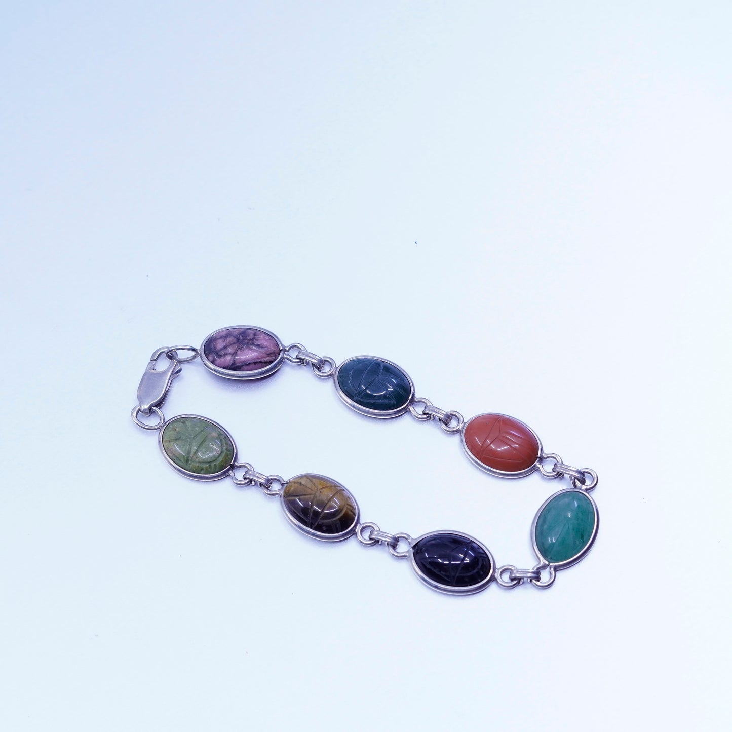 7.25”, sterling 925 silver carved bracelet, tiger eye jasper carnelian onyx