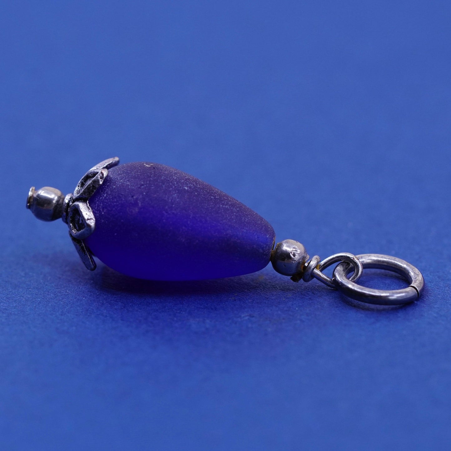 Vintage sterling 925 silver handmade pendant charm with blue teardrop glass