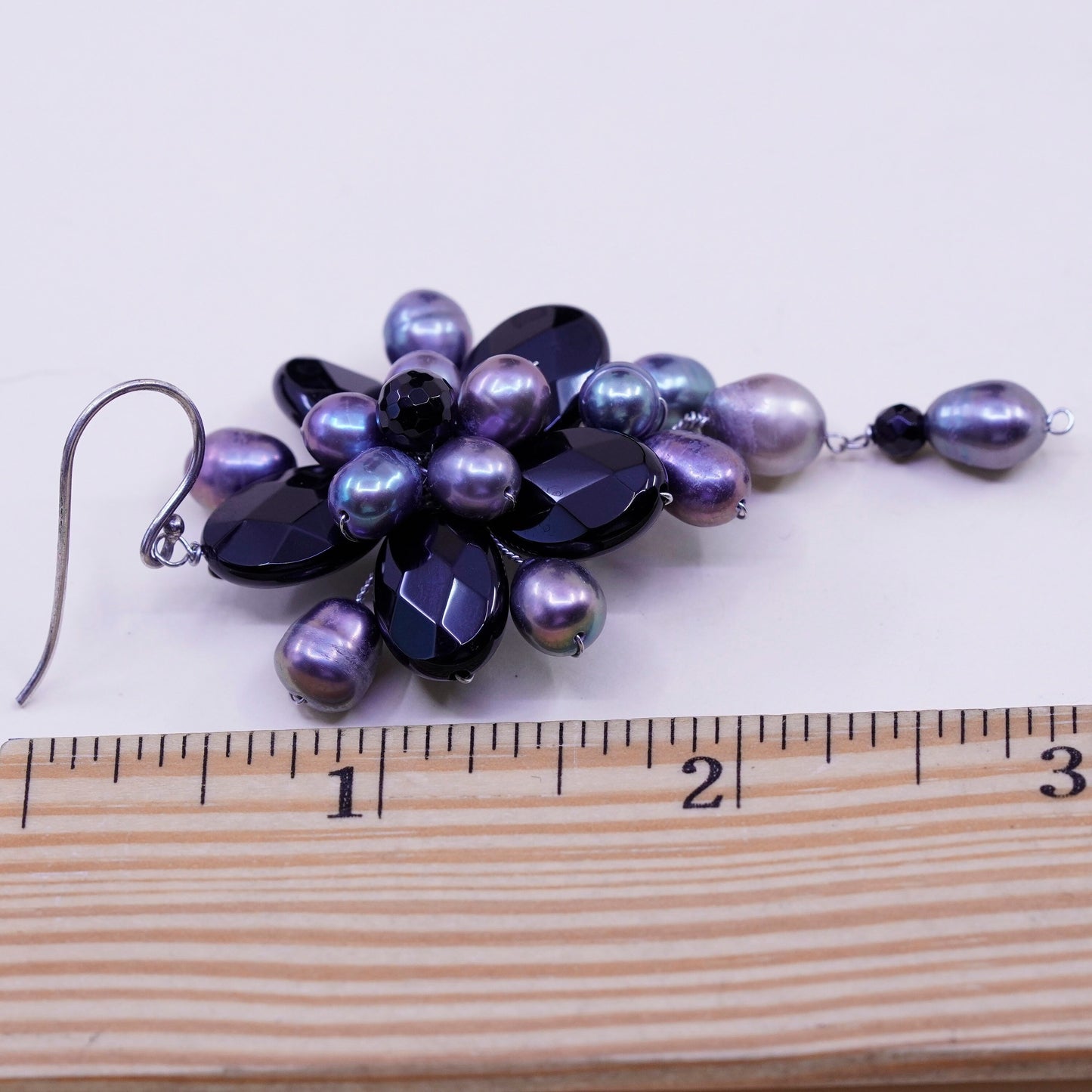 Vintage Soms Sterling 925 silver handmade earrings with flower pearl obsidian