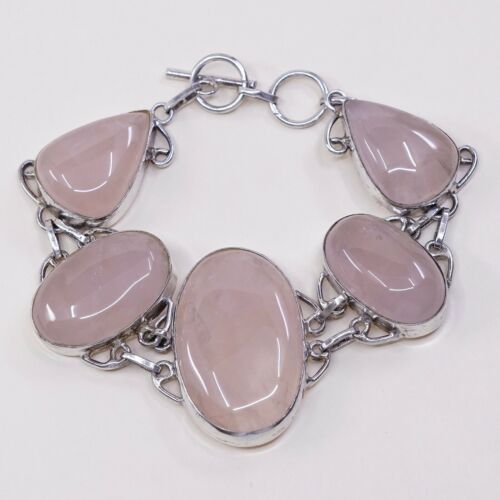 7+0.5”, Vtg Sterling Silver Handmade Bracelet W/ Huge Pink Quartz N Toggle Closu