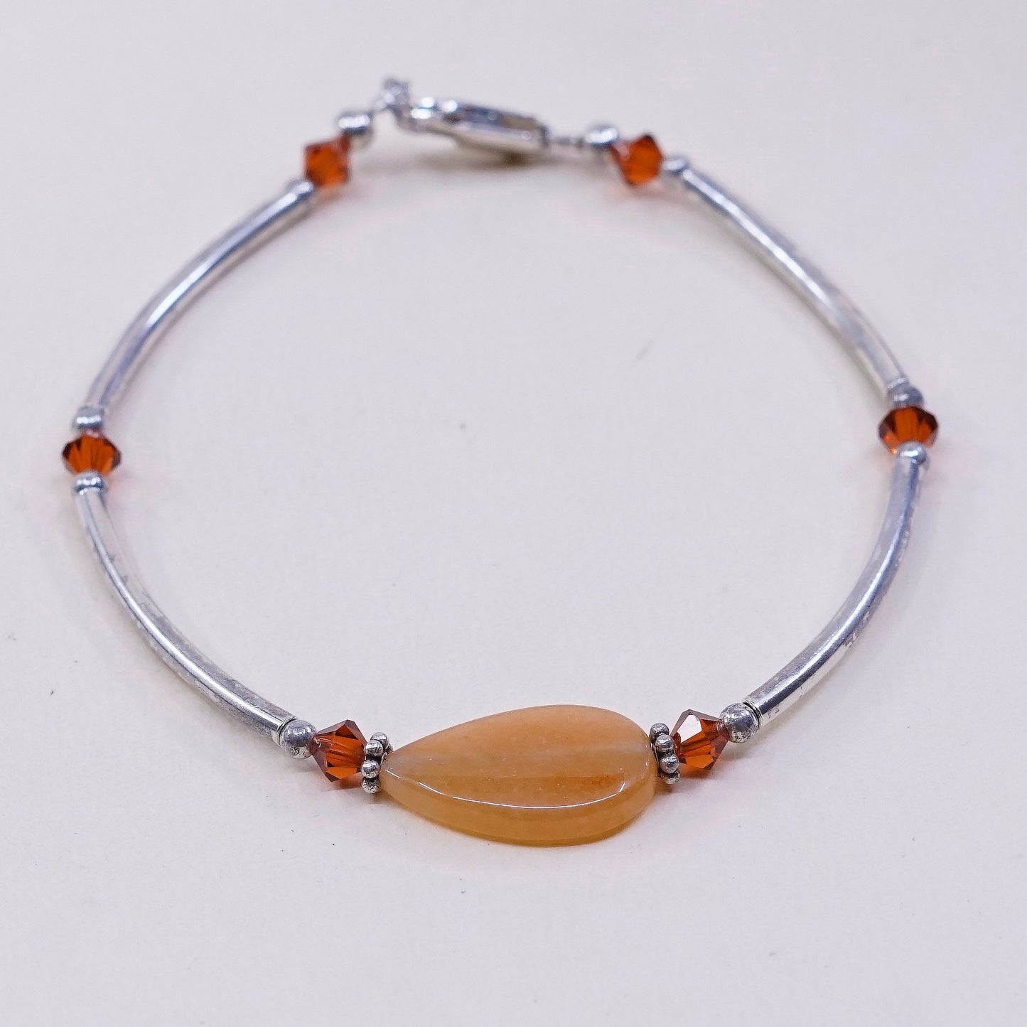 6.75”, vintage 925 Sterling silver bar N beads bracelet w/ orange gemstone