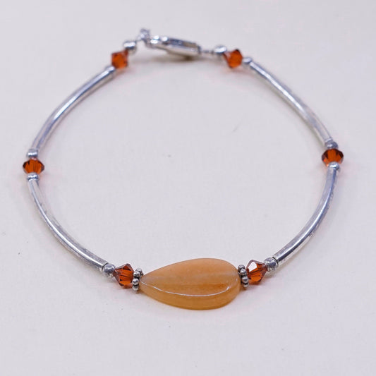 6.75”, vintage 925 Sterling silver bar N beads bracelet w/ orange gemstone