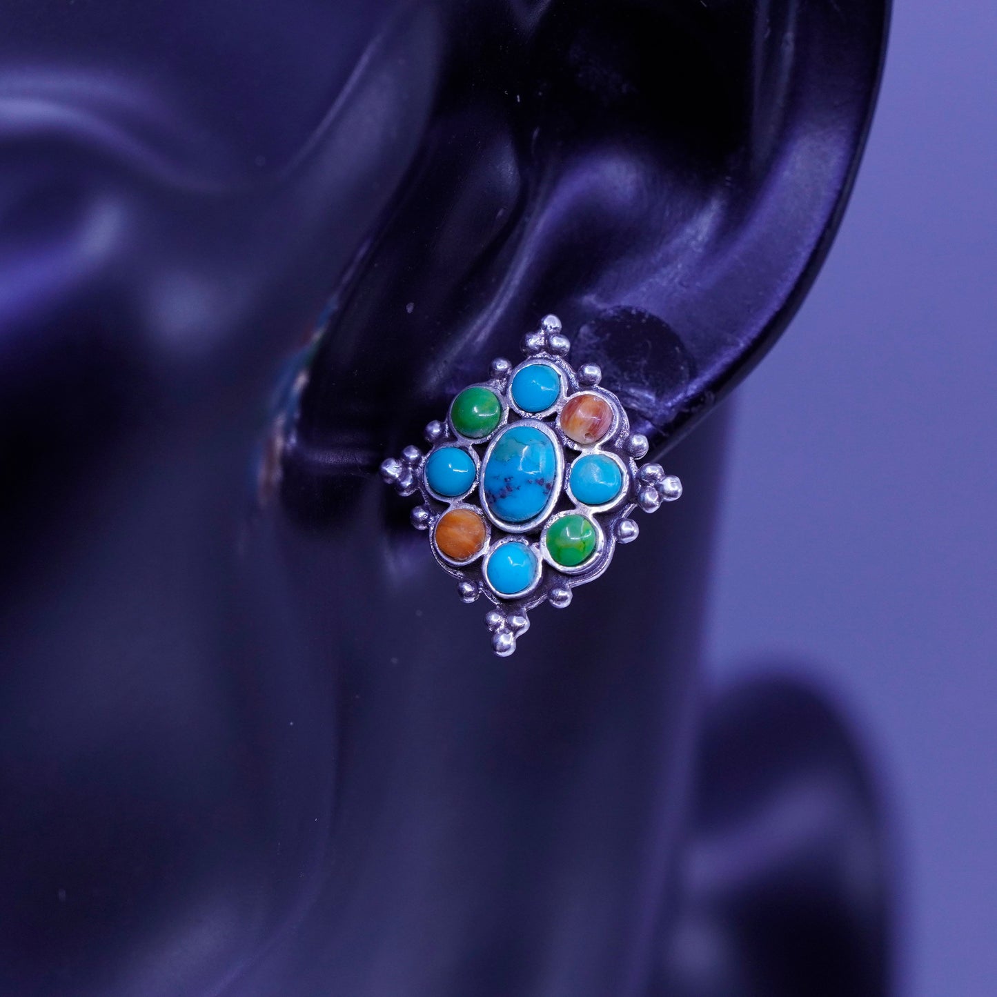 vtg Native American navajo Sterling 925 silver earrings, studs turquoise coral