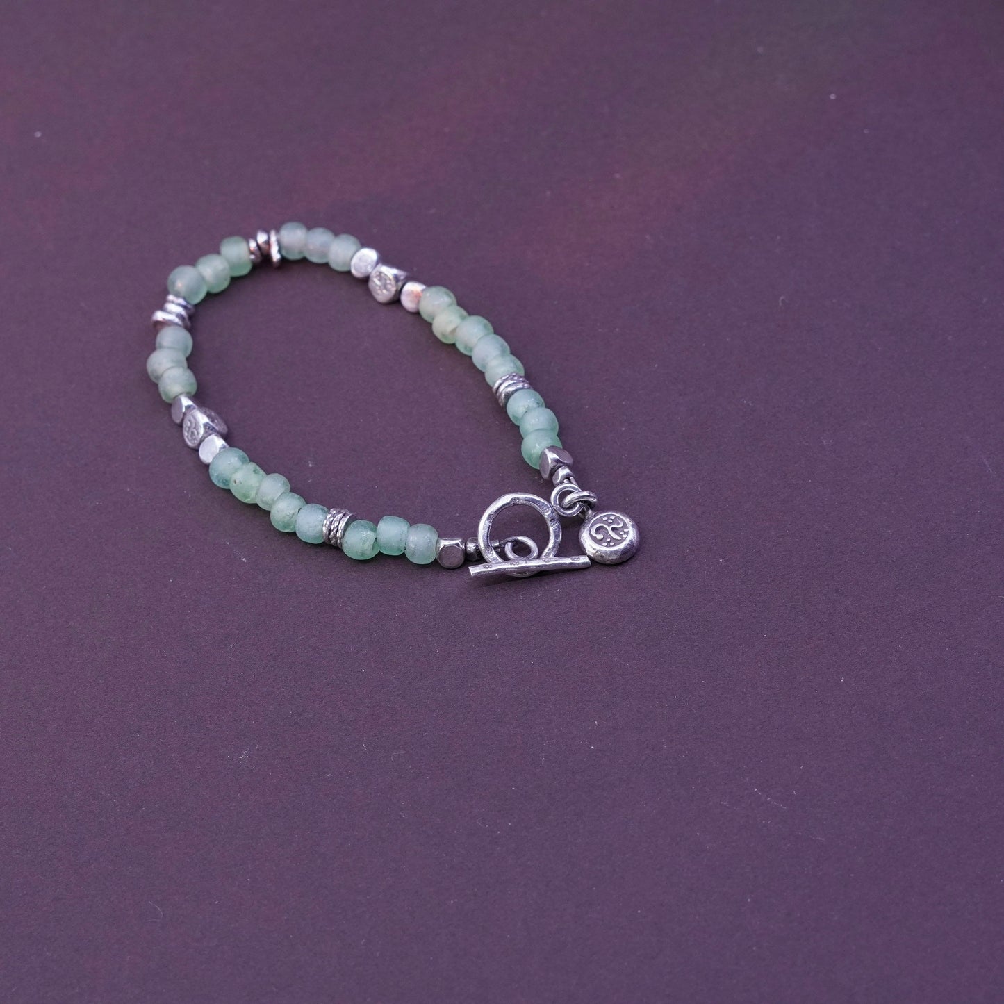 6.75”, Vintage Sterling silver handmade bracelet, 925 cube with jade bead