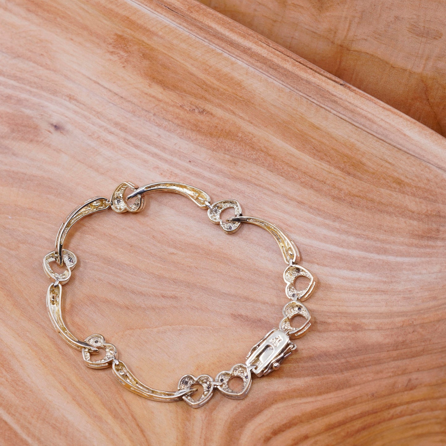 7.25”, vtg vermeil gold over Sterling silver tennis bracelet, 925 heart crystal