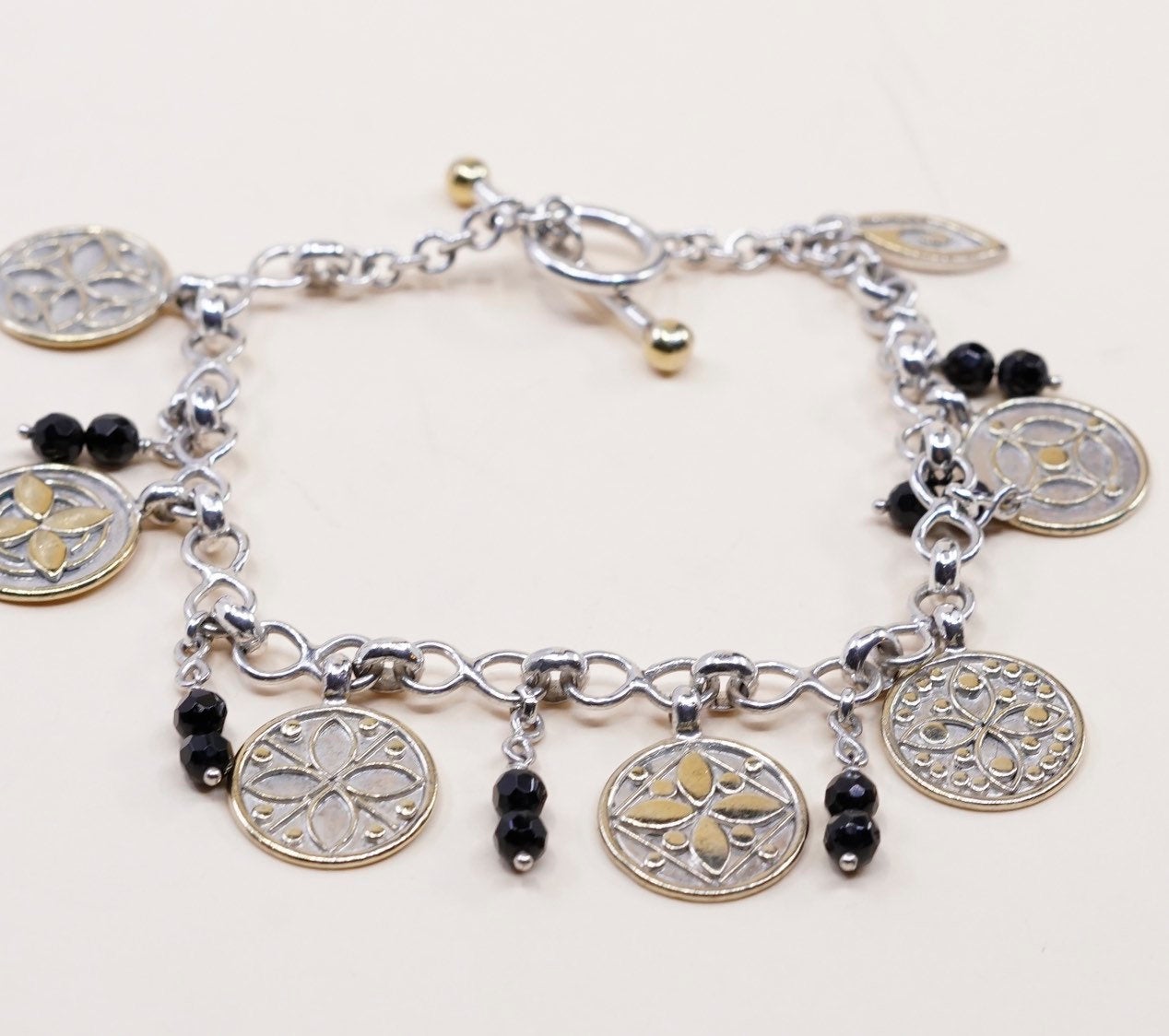 7.25”, VTG 22k gold sterling silver handmade bracelet, 925 circle disk chain