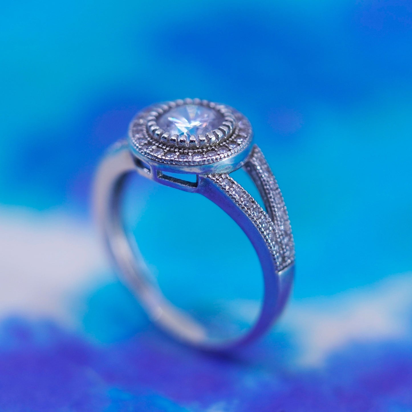 Size 8, vintage Sterling 925 silver engagement ring with cluster Cz around