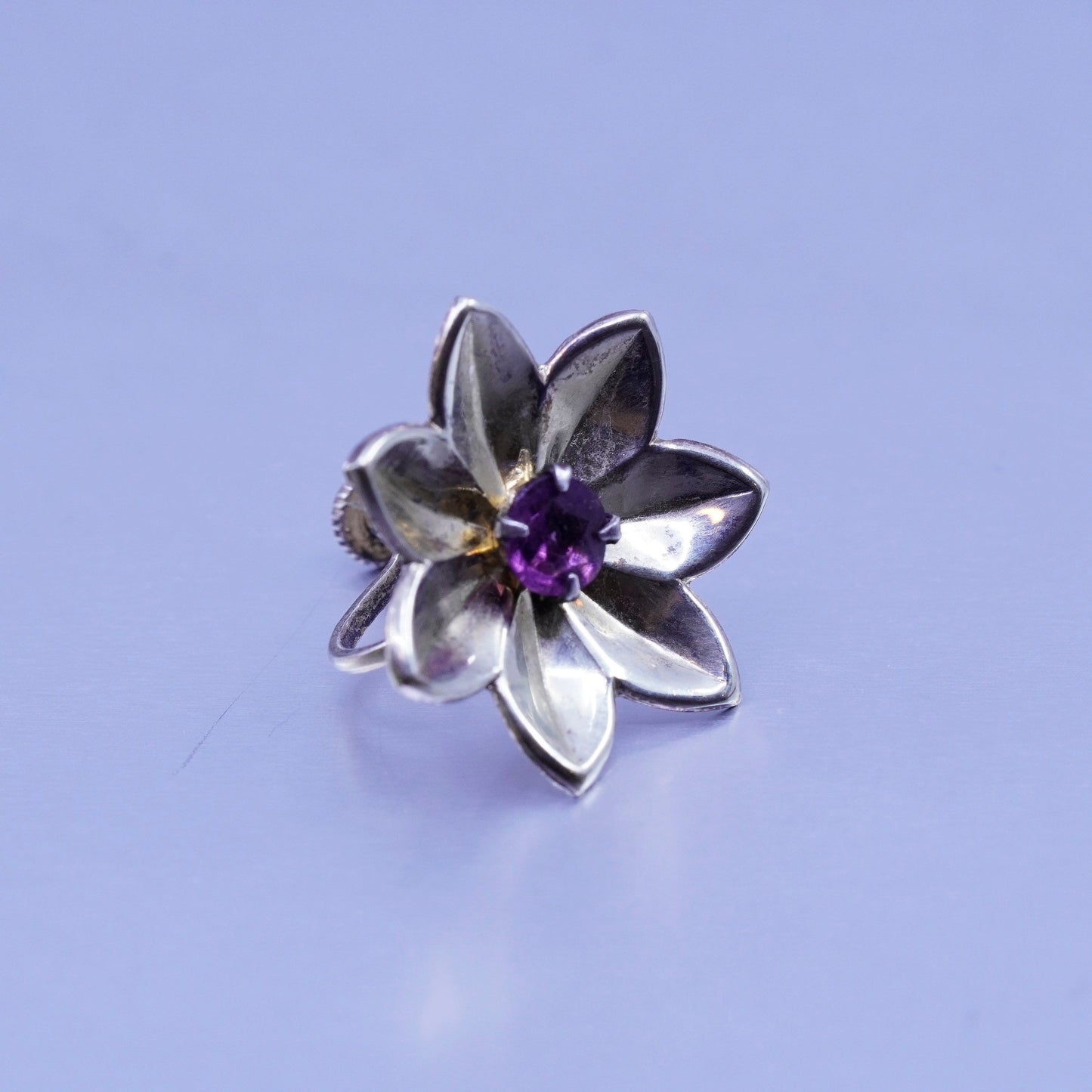 Vermeil Gold over Sterling 925 silver earrings, screw back flower with amethyst