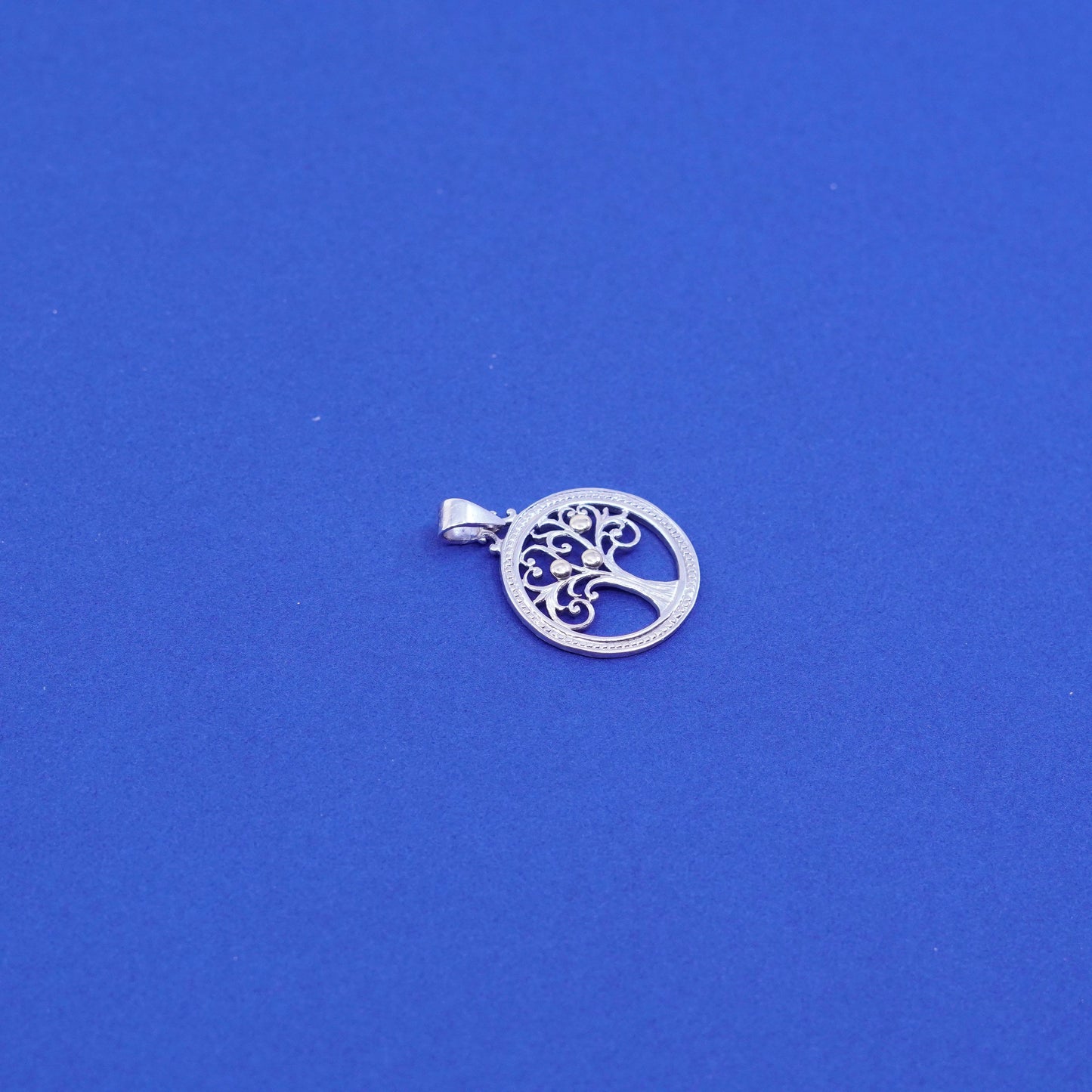 sterling silver handmade pendant, 925 circle w/ filigree tree 10K gold beads