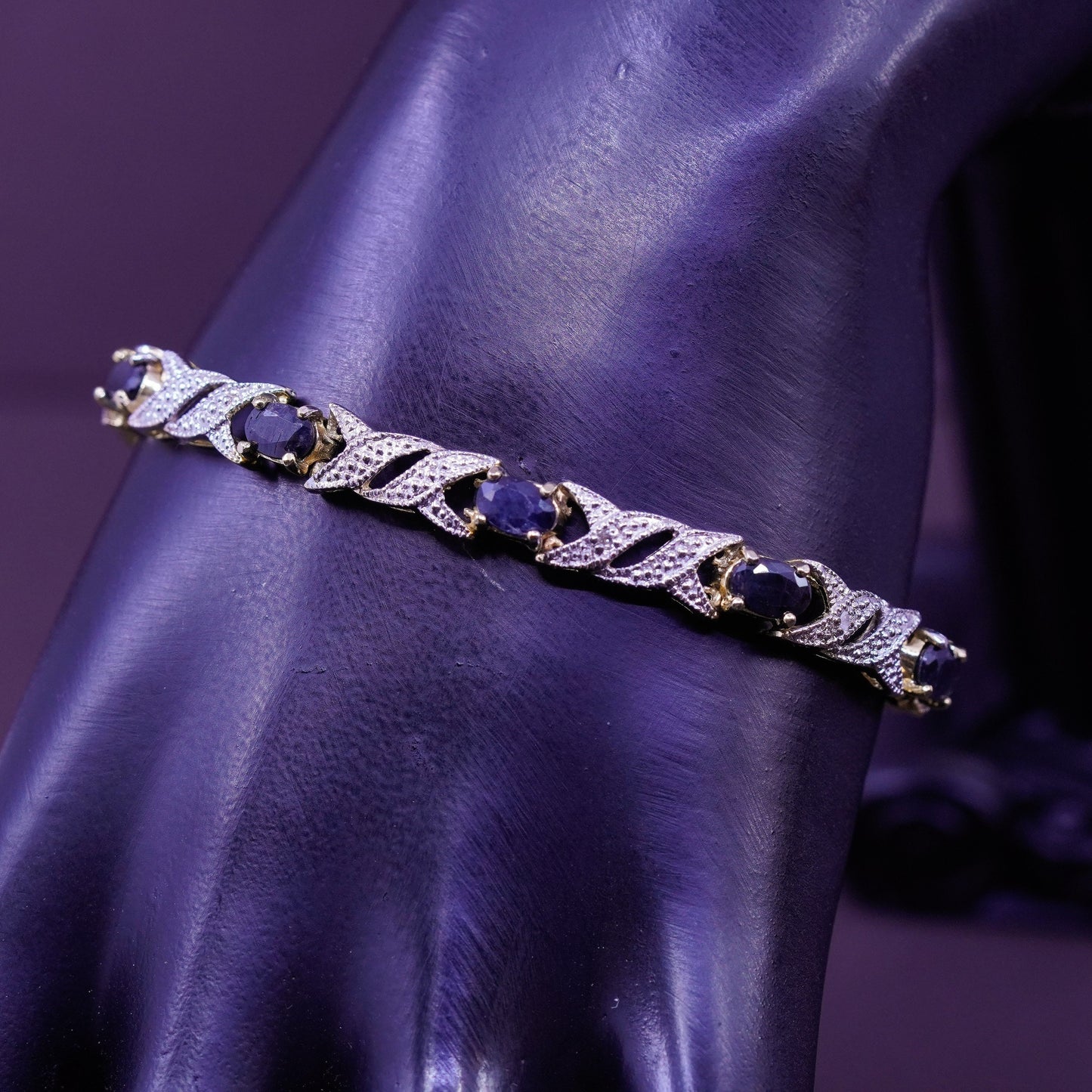 7”, vermeil gold over Sterling silver tennis bracelet with diamond and sapphire