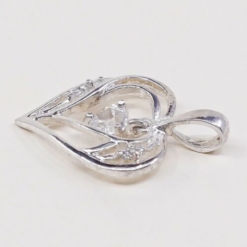 Vintage Sterling Silver Heart Pendant W/ Cz Dangle, Solid 925 Silver Charm