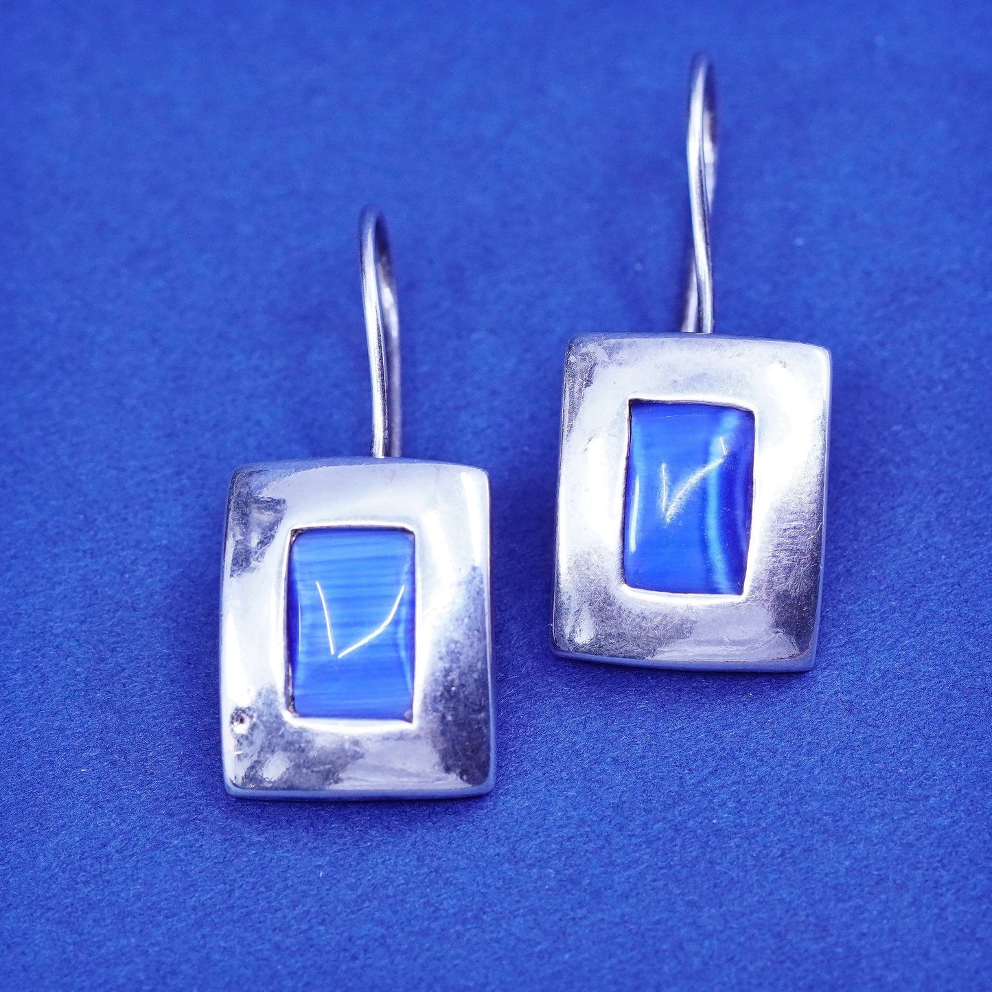 Vintage Sterling 925 silver handmade earrings with blue cat eye